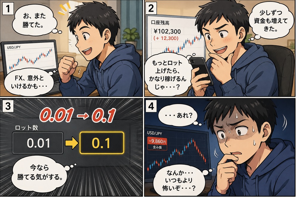 FX初心者がロットを上げると負け始める理由｜勝てていたのに崩れる瞬間の漫画①