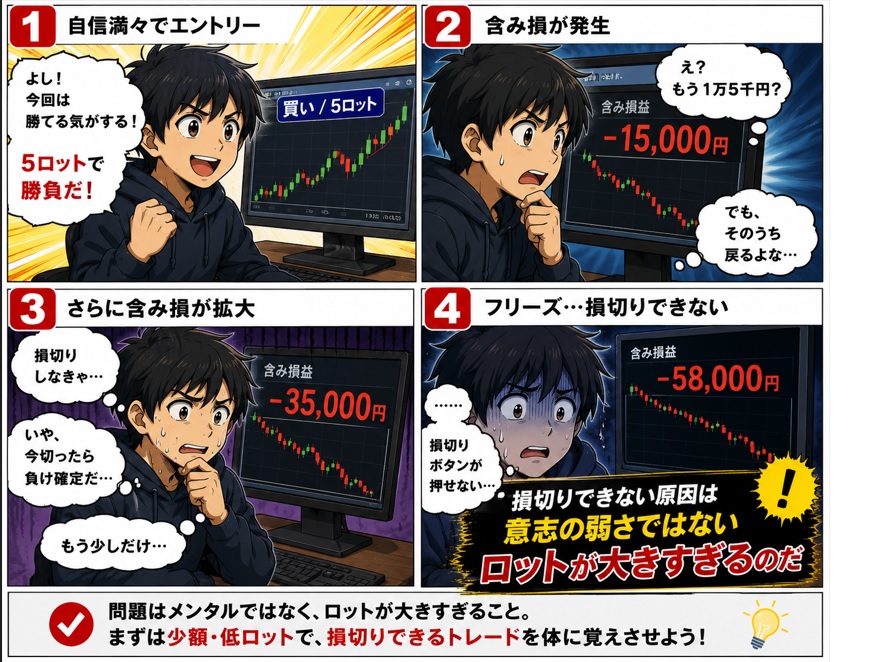 FX初心者が損切りできない本当の理由｜ロットが大きすぎると人は壊れるの漫画①