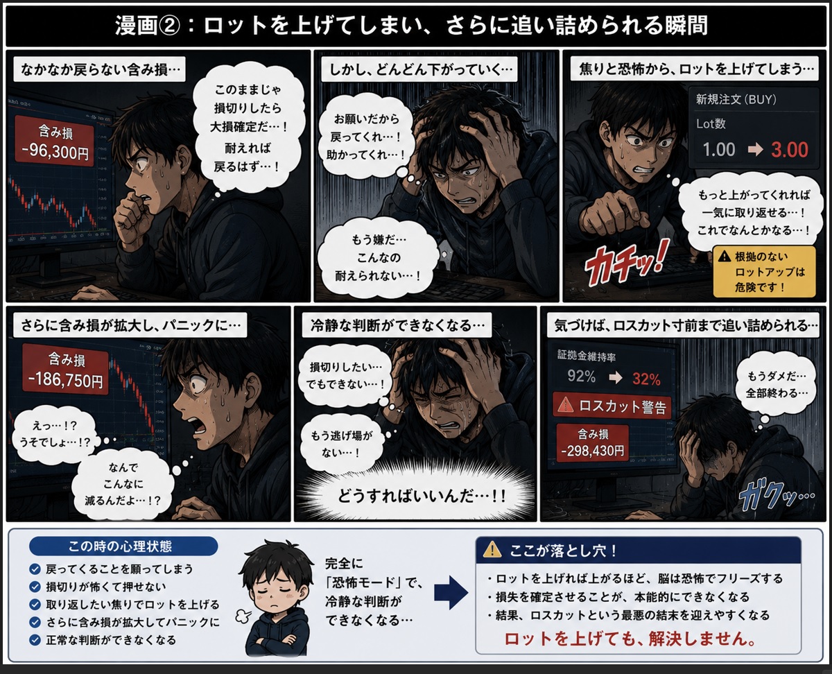 FX初心者が損切りできない本当の理由｜ロットが大きすぎると人は壊れるの漫画②