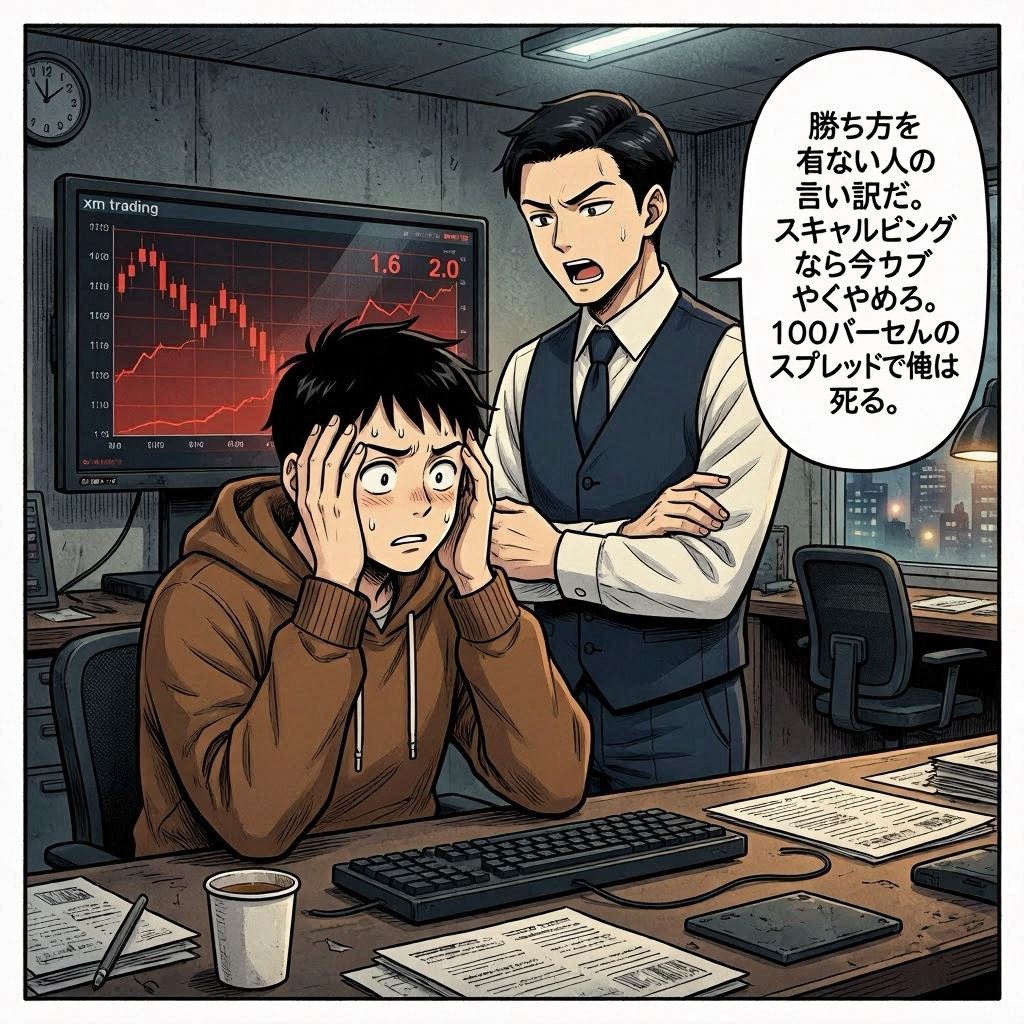 XM スプレッド 負ける 漫画 2コマ目：知的アバターがスキャルピングの限界を冷徹に指摘