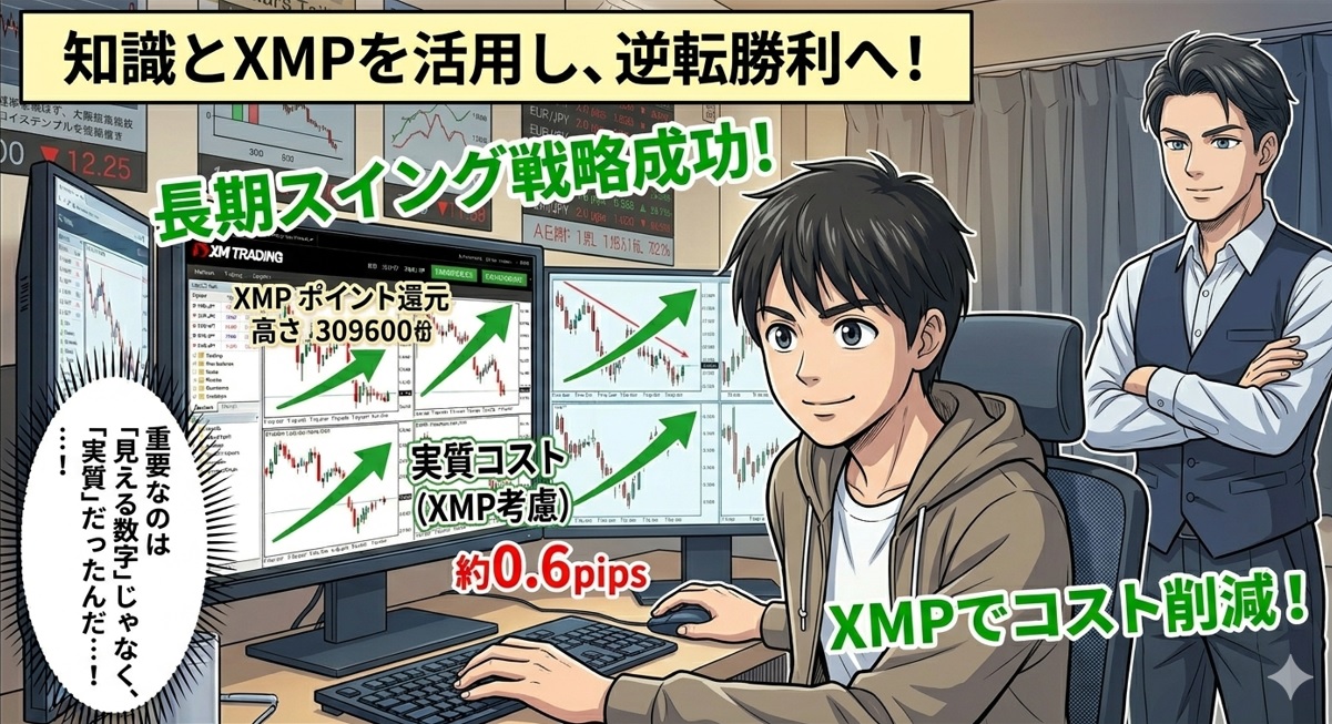 XM スプレッド 負ける 漫画 4コマ目：無駄なノイズを脱ぎ捨てスマートな環境を選ぶトレーダー