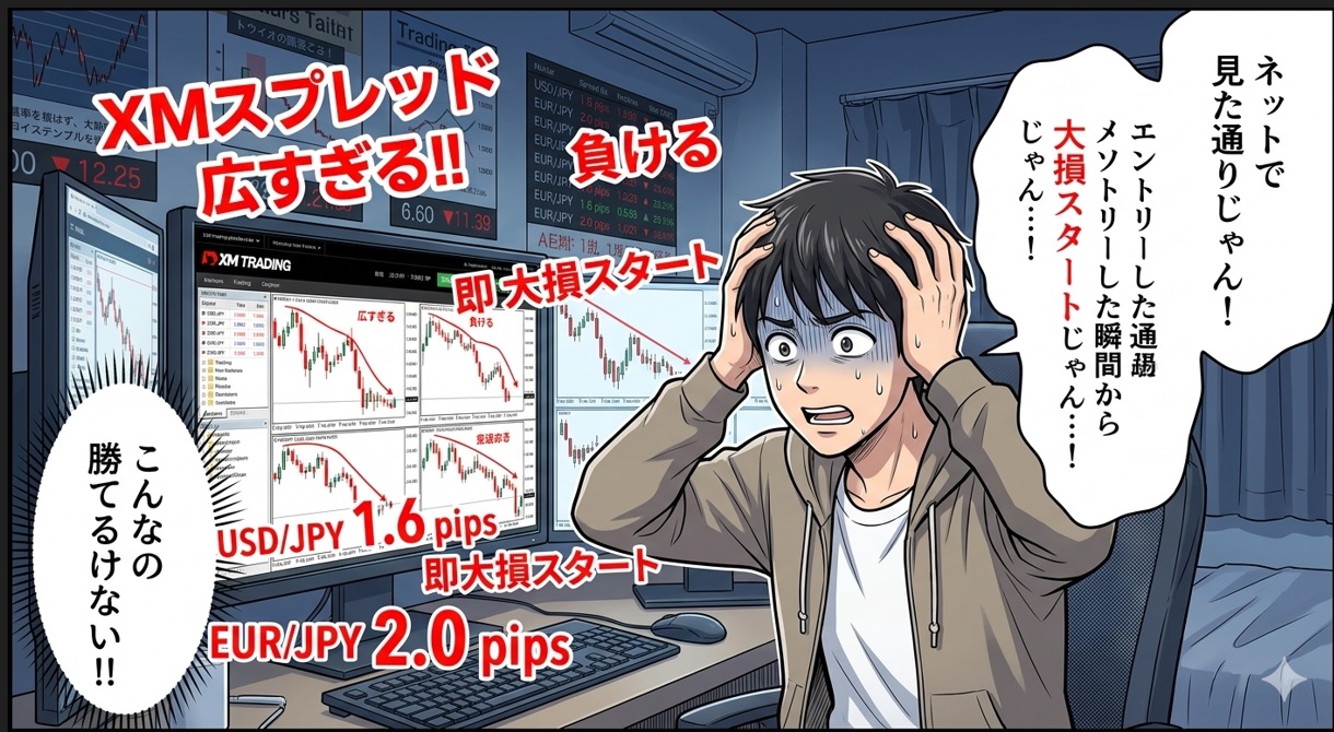 XM スプレッド 負ける 漫画 1コマ目：スプレッドの広さに絶望する初心者トレーダー