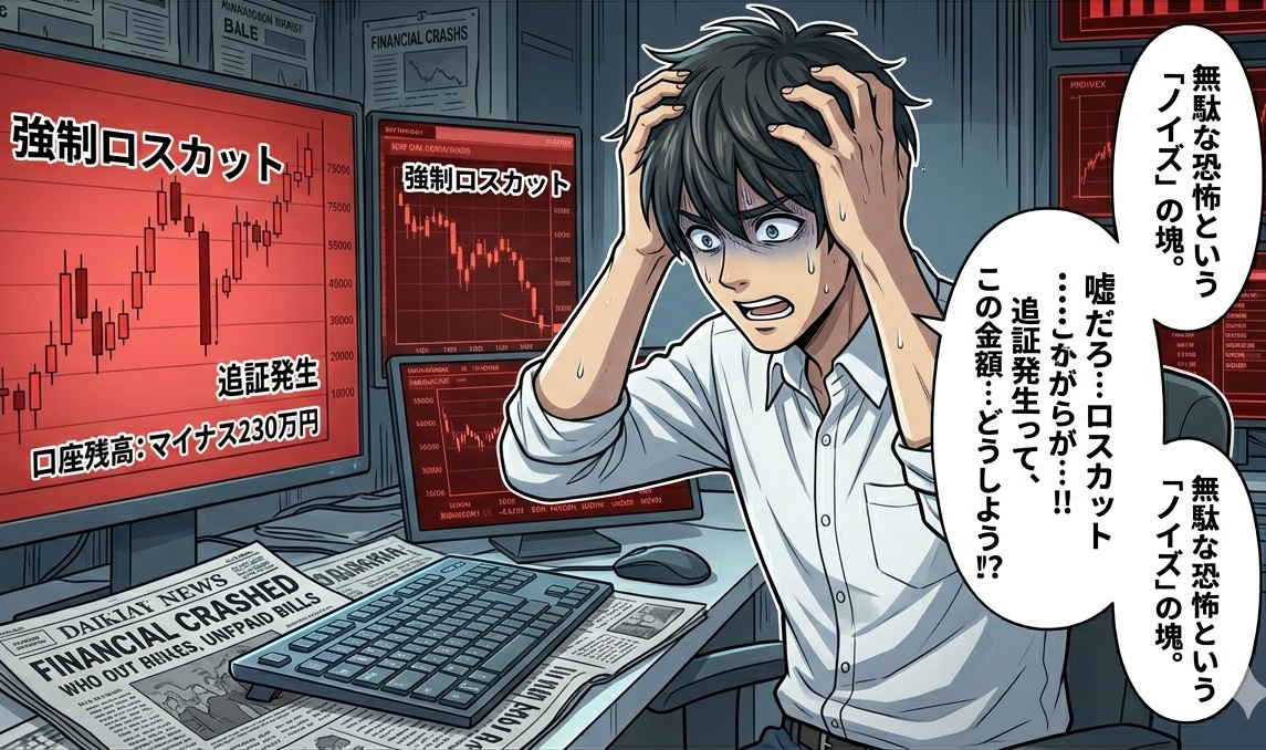 国内FX 追証 漫画 1コマ目：ロスカットが間に合わず、週明けの窓開けで数百万の借金を背負う現実