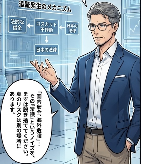 国内FX 追証 漫画 2コマ目：常識という名の罠に怯えるトレーダーの前に、知的アバターが救世主として現れる