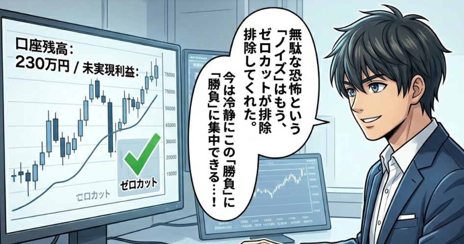 国内FX 追証 漫画 4コマ目：無駄な恐怖を捨て去り、本来のスマートなトレードに集中する姿
