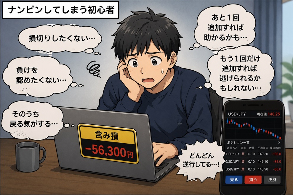 FX初心者がナンピンしてしまう理由｜助かると思ってしまう心理の正体の漫画①（ナンピンしてしまう初心者）