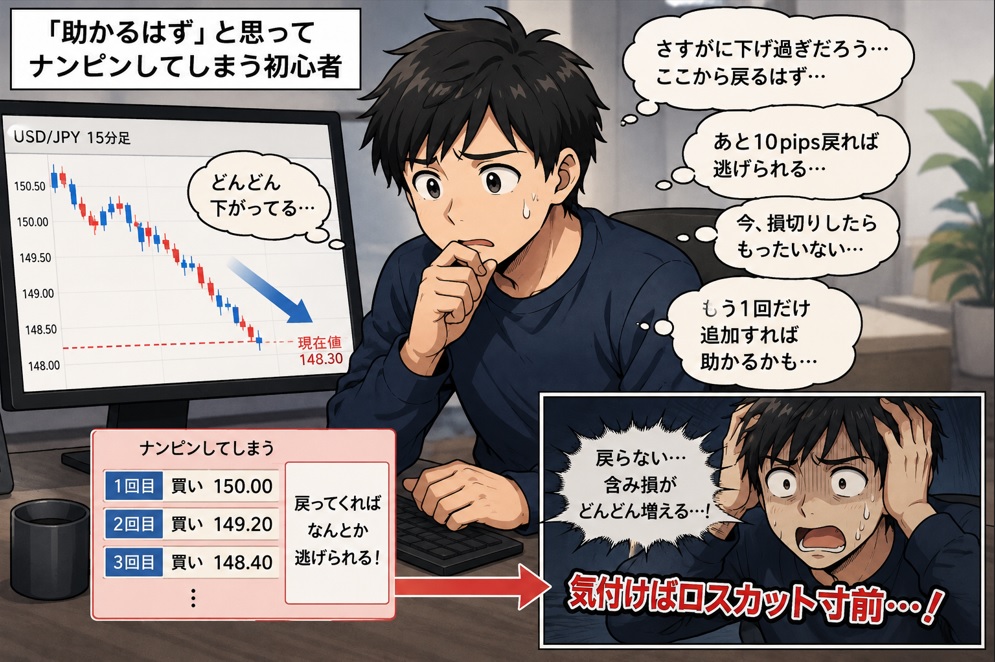 FX初心者がナンピンしてしまう理由｜助かると思ってしまう心理の正体の漫画②（助かると思ってナンピンする初心者）