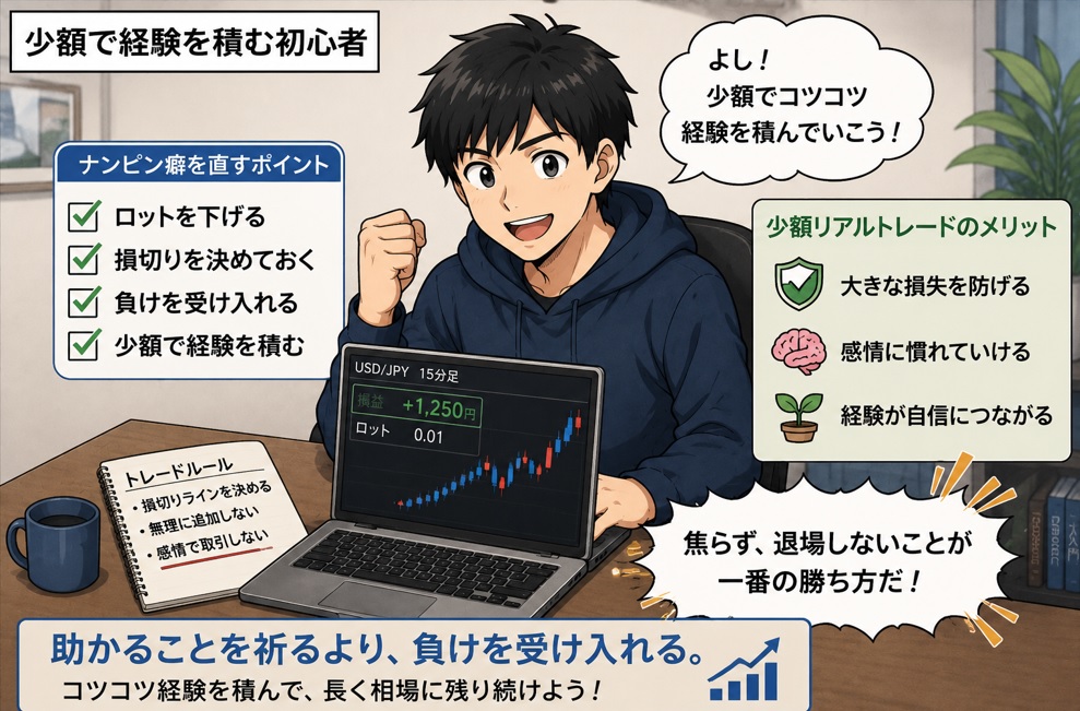 FX初心者がナンピンしてしまう理由｜助かると思ってしまう心理の正体の漫画③（少額で経験を積む初心者）