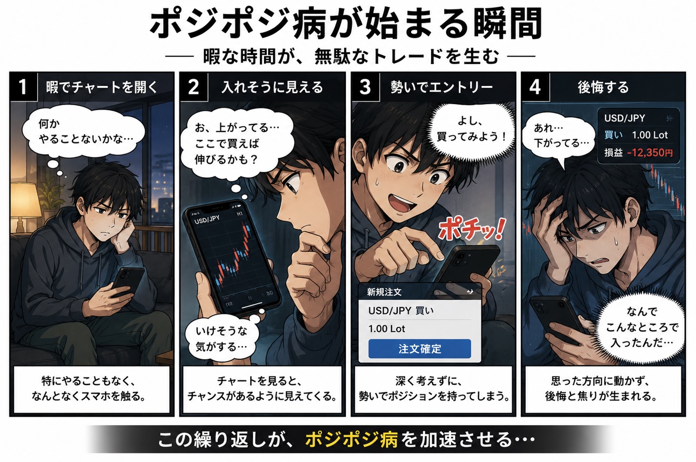 FX初心者がポジポジ病になる本当の理由｜暇な時間ほど無駄なトレードが増えるの漫画①
