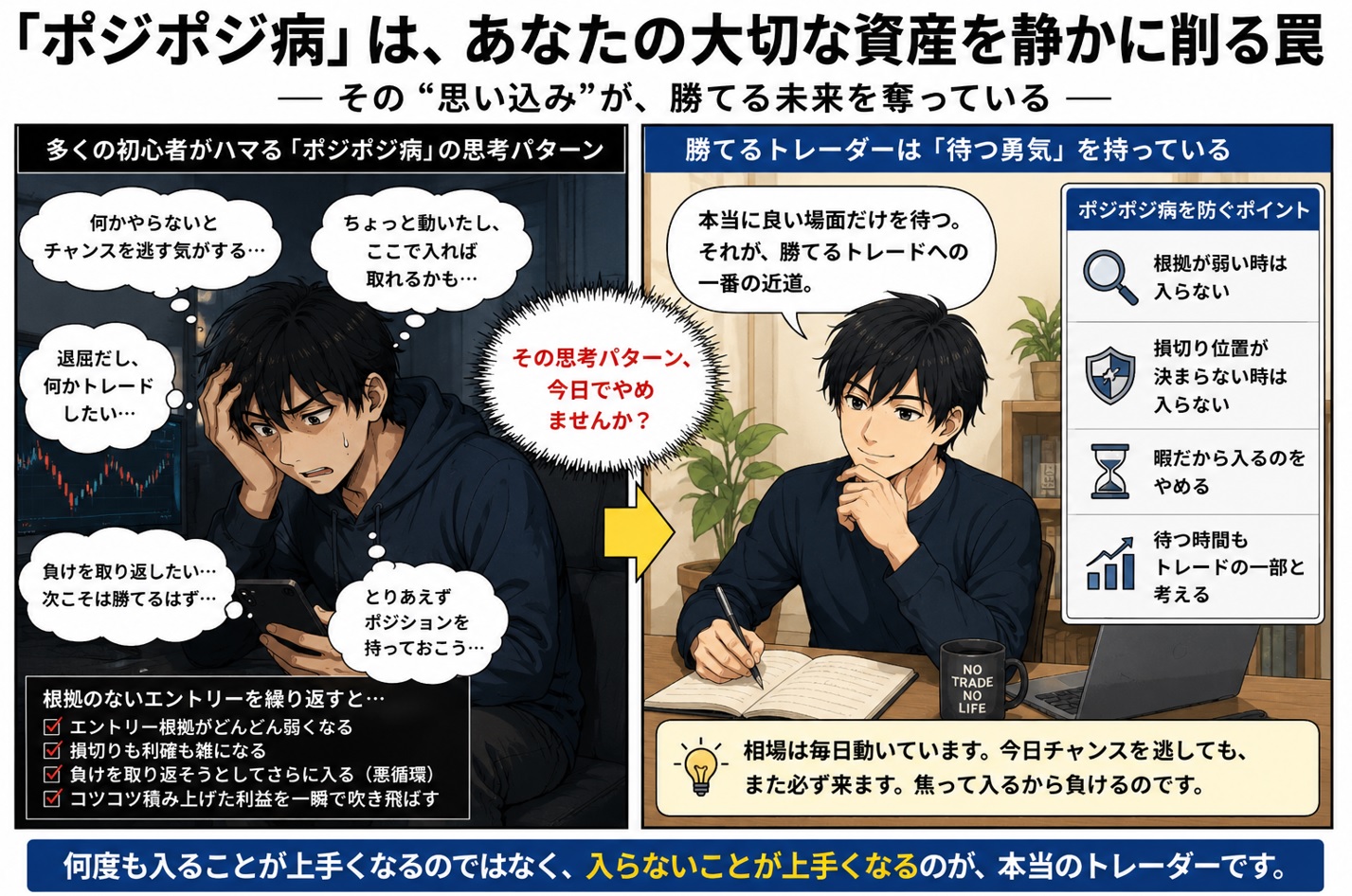 FX初心者がポジポジ病になる本当の理由｜暇な時間ほど無駄なトレードが増えるの漫画②