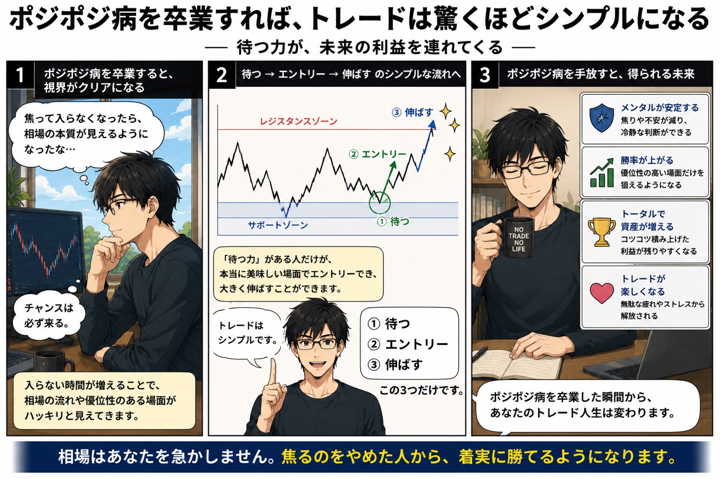 FX初心者がポジポジ病になる本当の理由｜暇な時間ほど無駄なトレードが増えるの漫画③