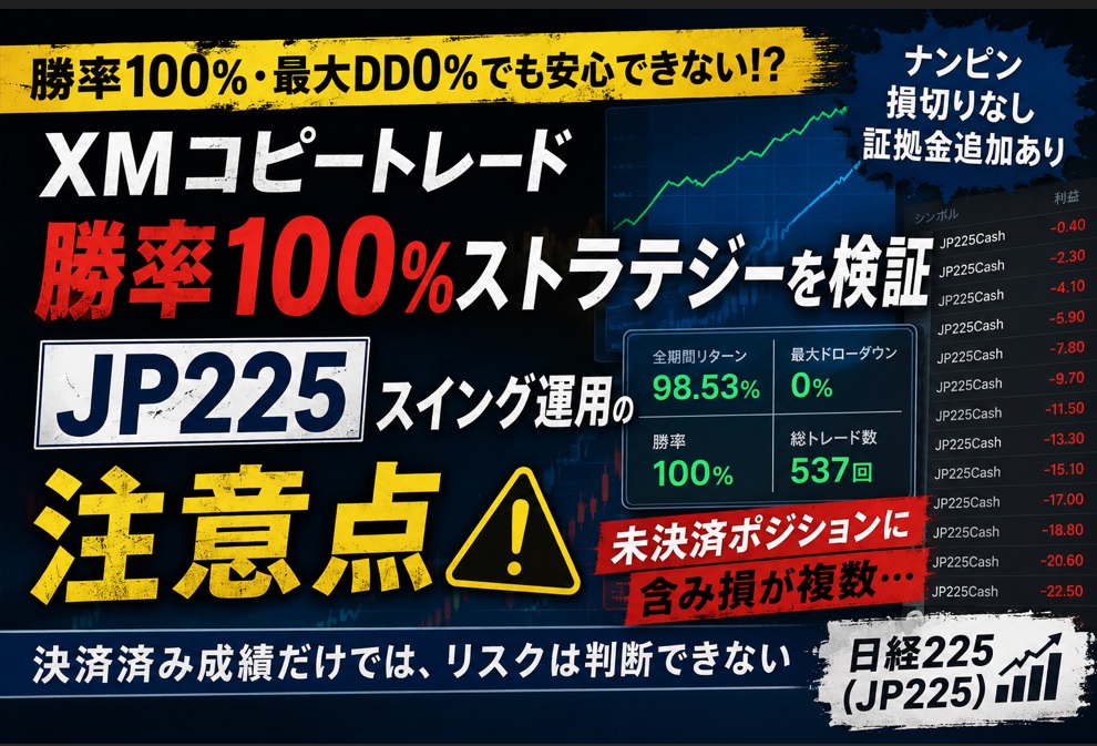 XMコピートレードの勝率100％ストラテジーを検証_JP225ナンピン運用の注意点