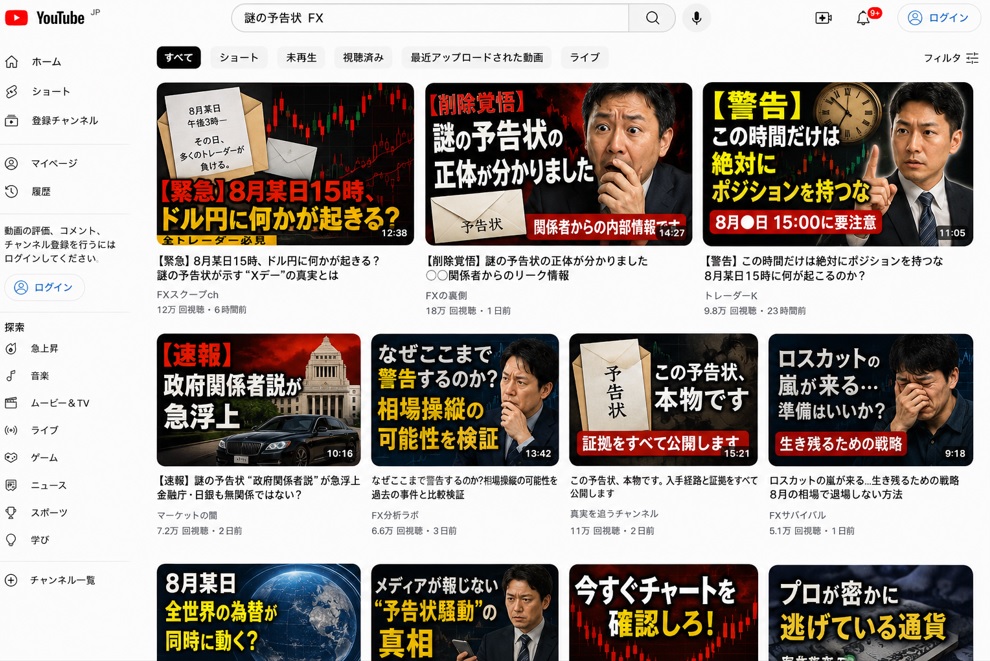 「その日、多くのトレーダーが負ける」――差出人不明の予告状が届いたのYoutube動画サムネ乱立画像
