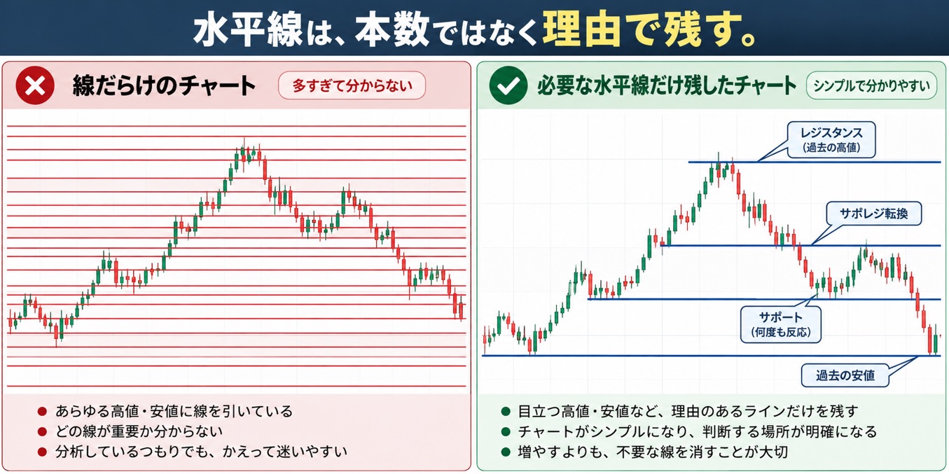 FXの水平線はどこに引く？何本も引くほどチャートが分からなくなる理由_FXの水平線は何本引けばいい？本数ではなく理由で残す