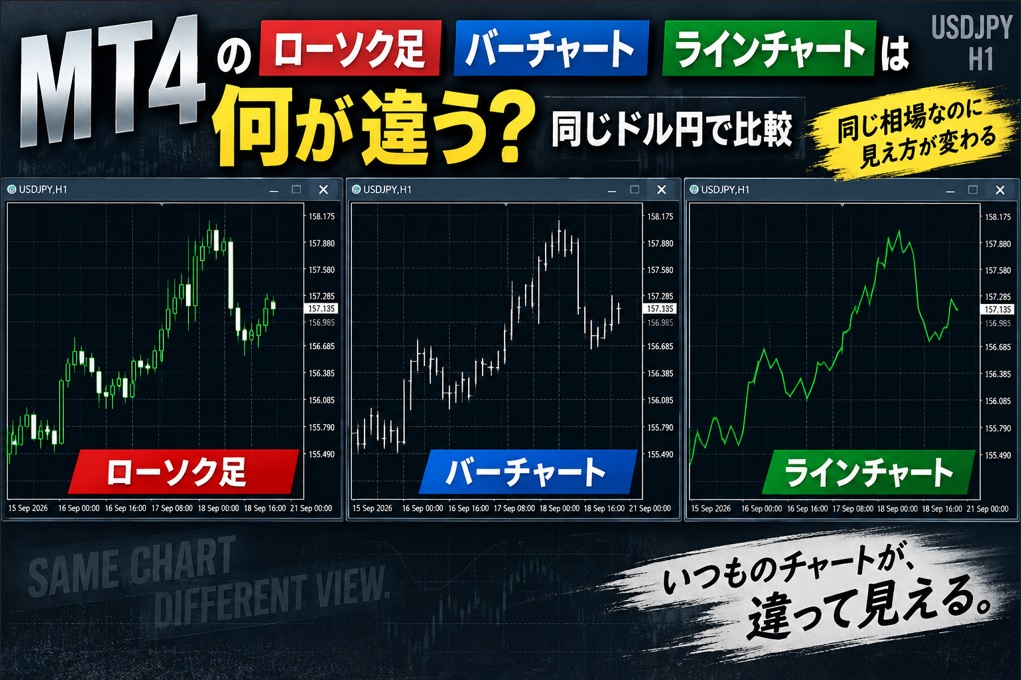 MT4のローソク足・バーチャート・ラインチャートは何が違う？同じドル円で比較
